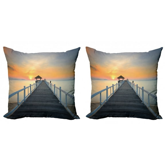 Ambesonne Nautical Throw Pillow Cover 2 Pack, Wood Path on Beach, 20", Pale Blue Orange