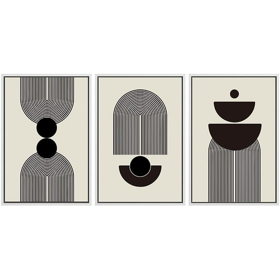 PixonSign Framed Canvas Print Wall Art Set Duotone Mid-Century Minimal Stripe Figures Abstract Shapes Illustrations Modern Art Boho Decorative for Living Room, Bedroom, Office - 24"x36"x3 WHITE