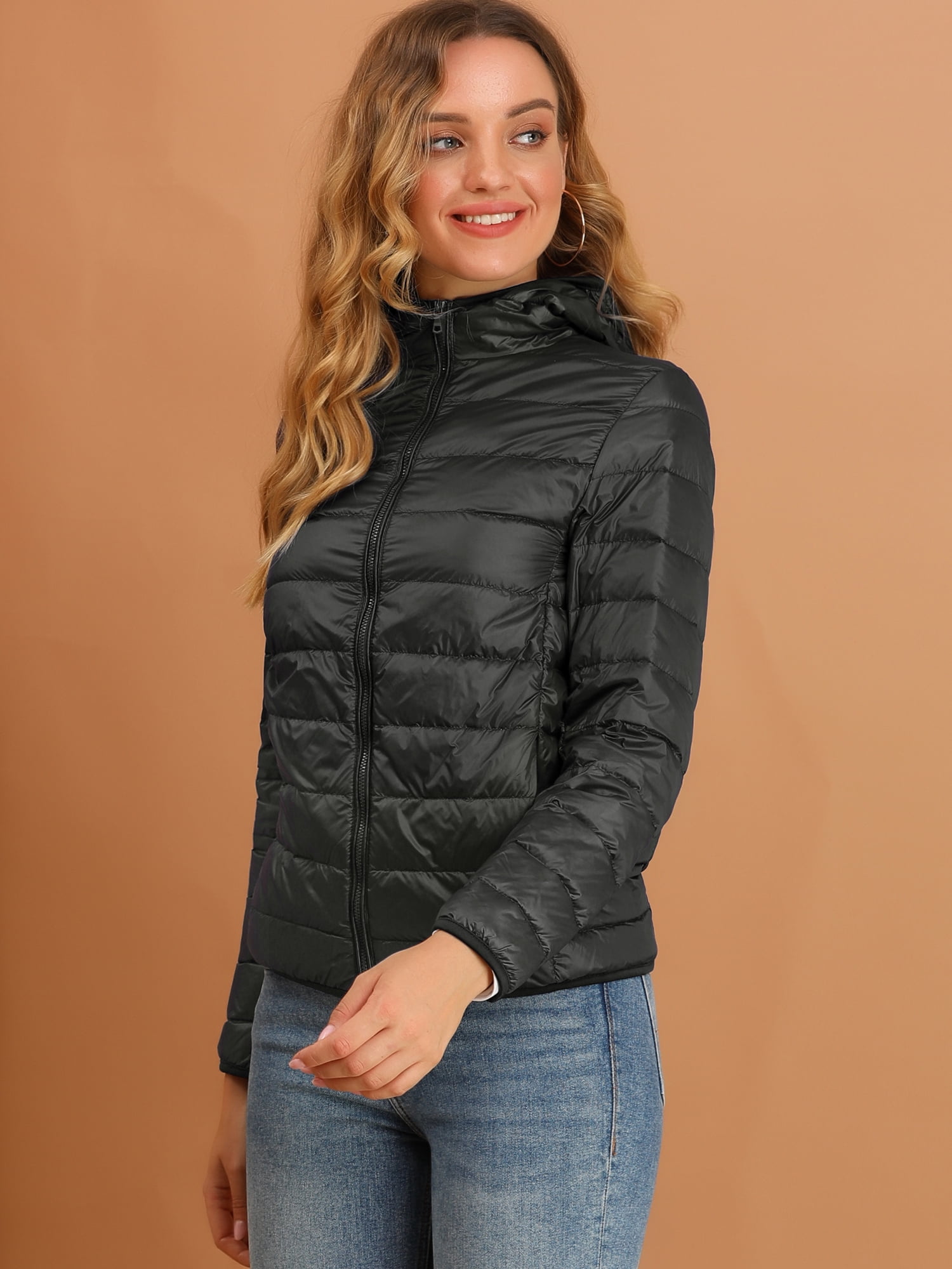 DARING DIVA Women's Hooded Zip Up Short Down Lightweight Jacket XL Black