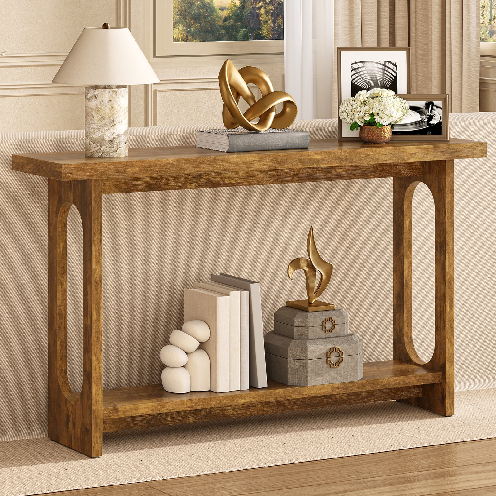 Tarnorci 54.33" Console Table, Narrow Entryway Sofa Table with Storage Shelves, Brown