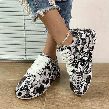 

Women s Lightweight Graffiti Platform Sneakers: Embroidered Lace-Up Non-Slip Casual Sports Shoes-黑色||43码