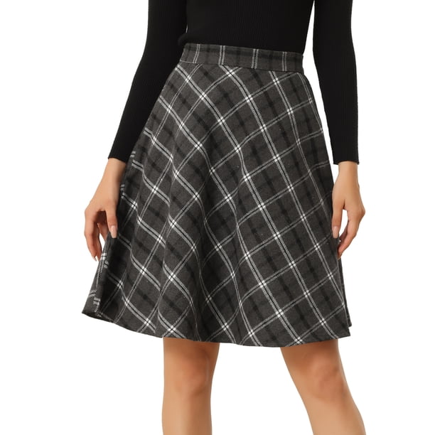 Disfraz de navidad Allegra K Falda acampanada a cuadros de cintura alta elástica hasta la rodilla Gris Oscuro XS