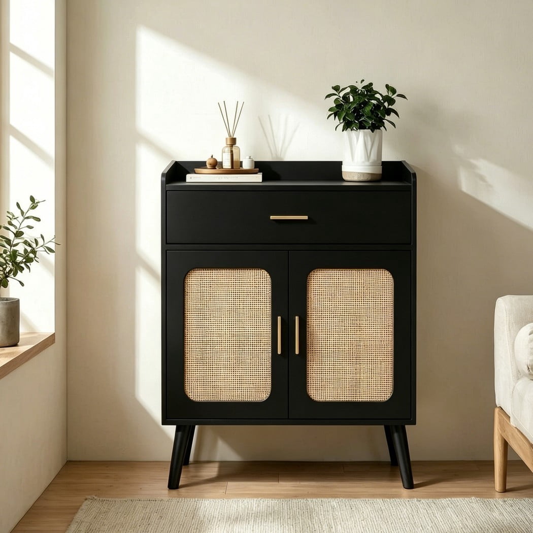 Farmhouse Buffet Cabinet, Kitchen Storage Cabinet with 1 Drawer & 2 Doors, Sideboard Cabinet with Solid Wood Feet for Dining Room, Living Room & Entryway, Black