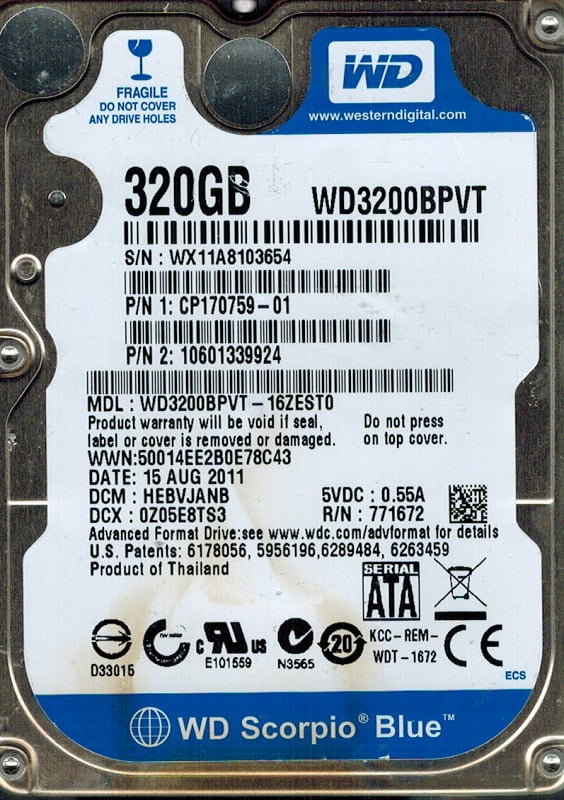 Hhmtjhb 320GB DCM Western Digital WD3200BPVT-35ZEST0 Dcm 