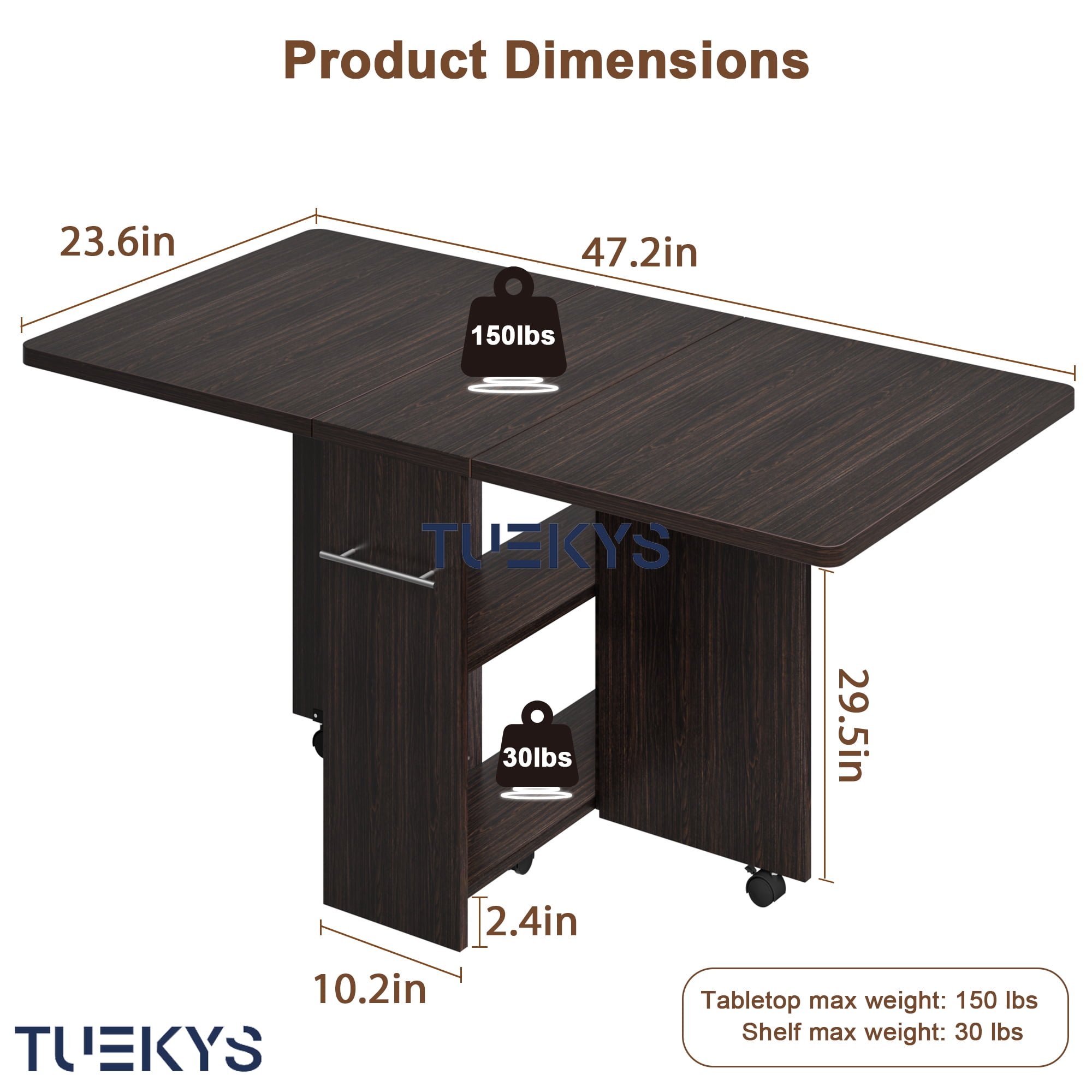 Tuekys Folding Dining Table Drop Leaf Kitchen Table with 2 Storage Racks-Perfect for Small Spaces Multifunction Space Saving Table Extension Dinner Table Kitchen Office Desk Black(with Handle)