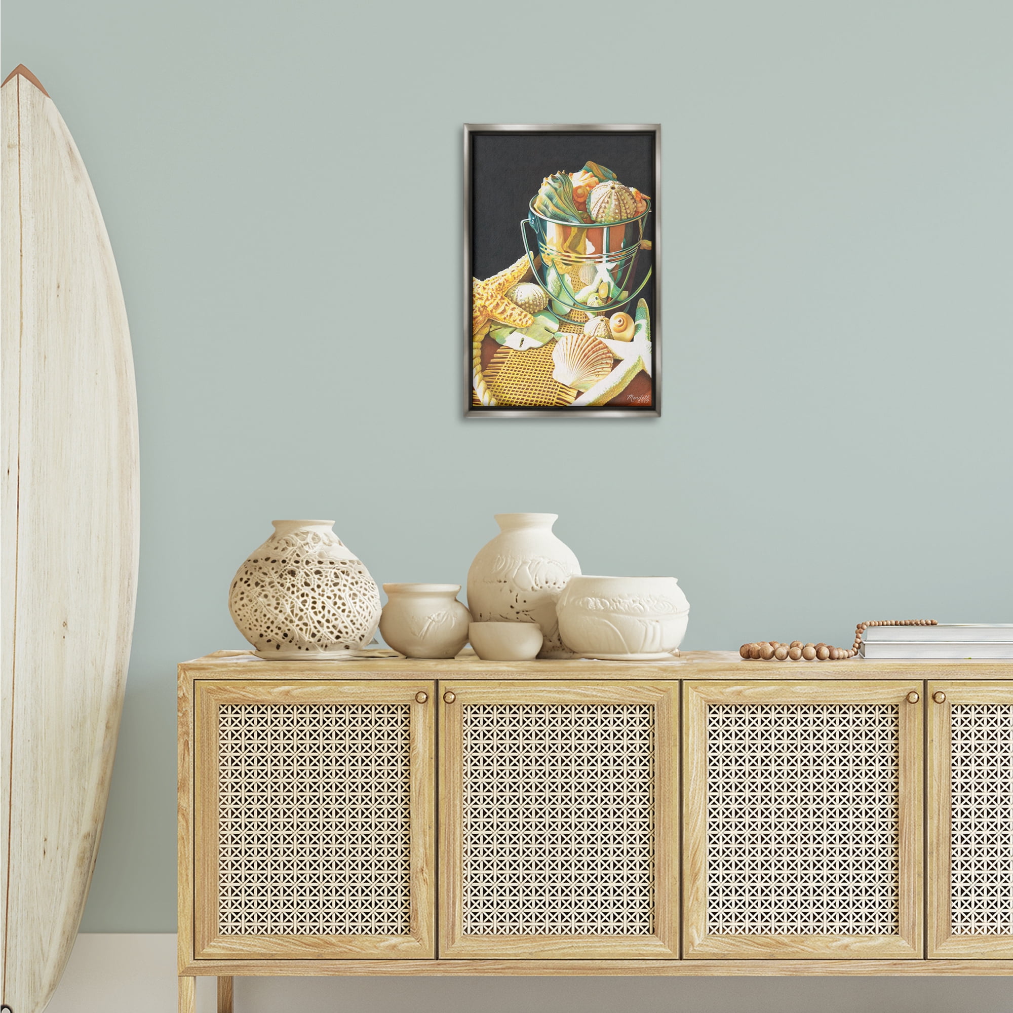 Stupell Industries Bucket Of Seashells Coastal Painting Gray Floater Framed Art Print Wall Art, 17 x 25
