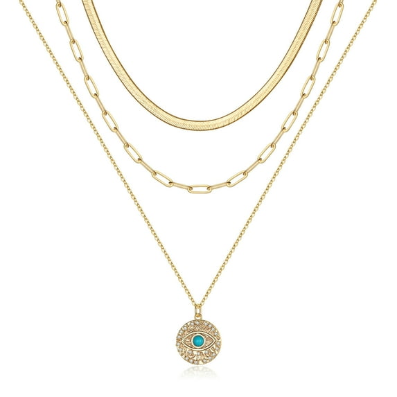 AUNOOL Layered Evil Eye Necklace for Women 14K Gold Plated Layered Snake Turquoise Evil Eye Necklace for Women Layering Evil Eye Link Chain Necklaces for Women