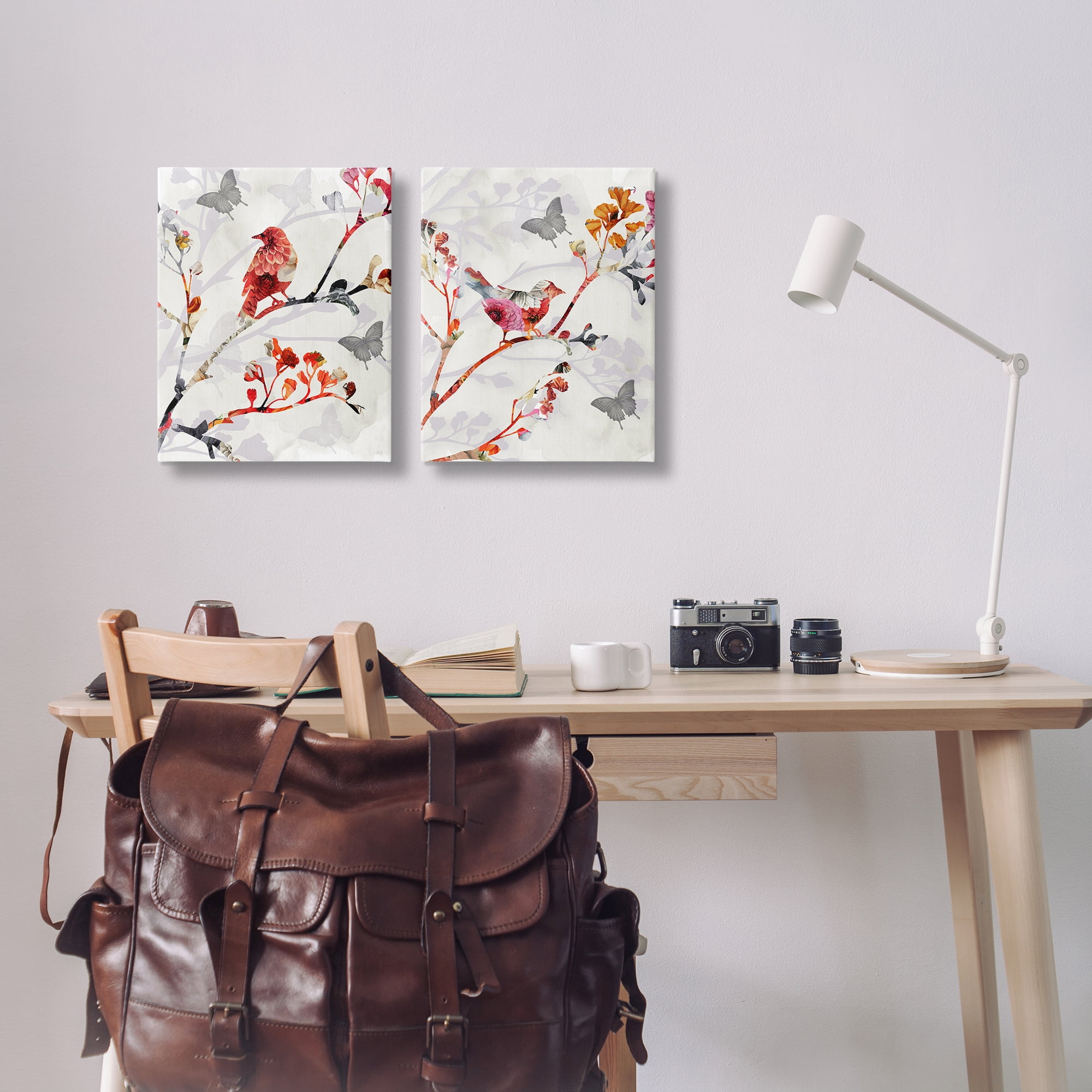 Stupell Industries Flower Birds on Branch Animals Painting Wrapped Canvas Art Print Wall Art, 16 x 20, Set of 2