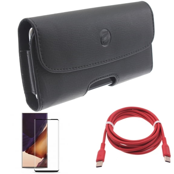 Screen Protector & Red 6ft Long Cable & Case Belt Clip for Samsung Galaxy Note 20 Ultra (6.9") - Combo with Tempered Glass (Fingerprint Unlock) & USB-C to Type-C PD Fast Charger & Leather Holster