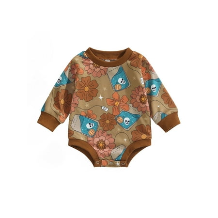 

Yejaeka Baby Girls Spring Romper Long Sleeve Floral Skull Pumpkin O-Neck One-Piece Infant/Toddler Snap Triangle Bottom Jumpsuit