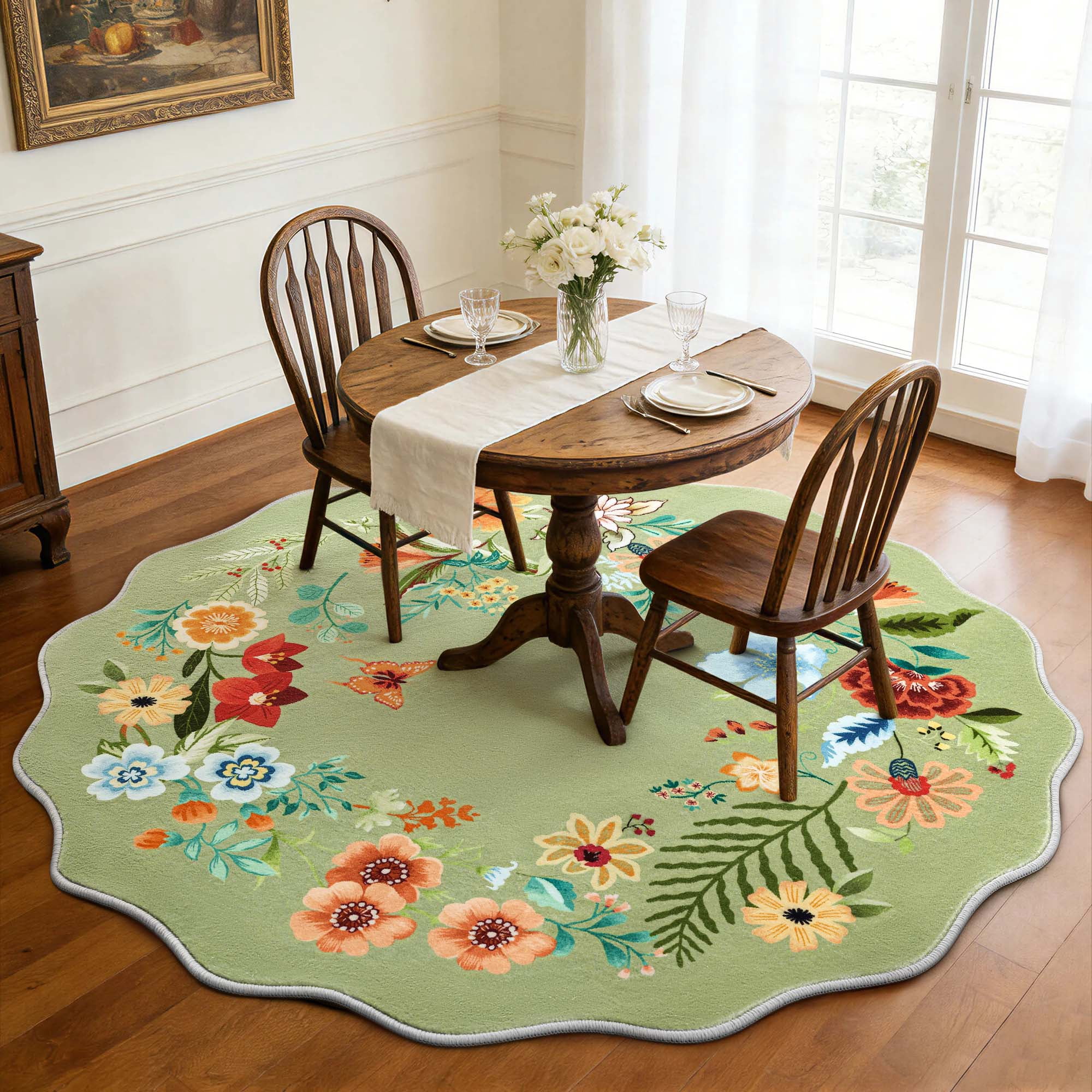 Carvapet Round 3' Floral Living Room Rugs, Ultra-Thin Soft Area Rugs for Bedroom, Non-Slip Washable Boho Rug Low-Pile Throw mat for ‎Dining Room Office, Green