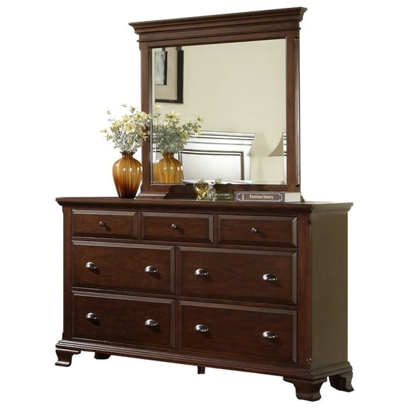Bowery Hill 7-Drawers Transitional Solid Wood Dresser with Mirror in Cherry