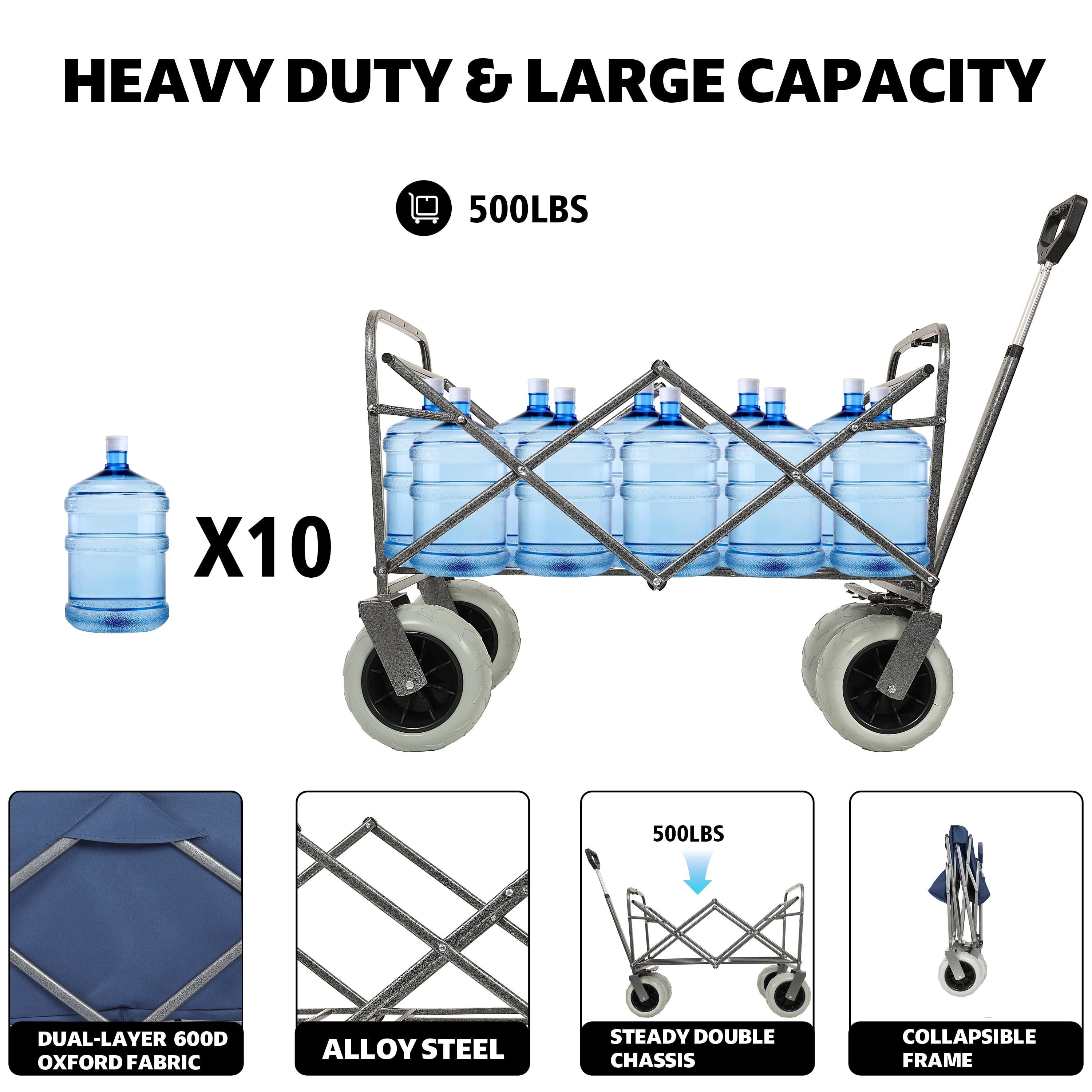 Beach Wagon with Big Wheels for Sand 500lbs capacity - Patented design, All Terrain Steel Frame Utility Cart with 9" Pneumatic Tires, Collapsible Folding Design