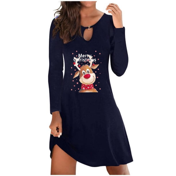 Vestidos de Navidad Para Mujer Imprimir Moda Erógena Casual Cuello Redondo Vestido de Manga Larga Odeerbi ODB203593