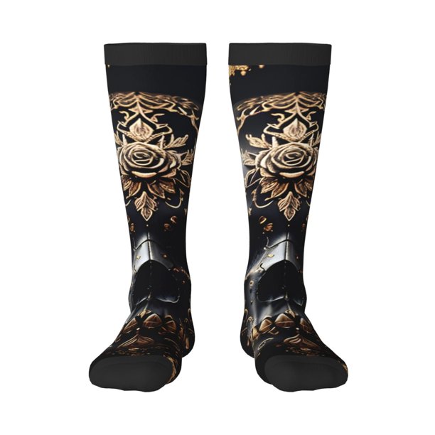 Balery Gold Pattern Black Skull Calcetines novedosos Calcetines deportivos Calcetines hasta la rodilla Calcetines de algodón Calcetines originales y geniales