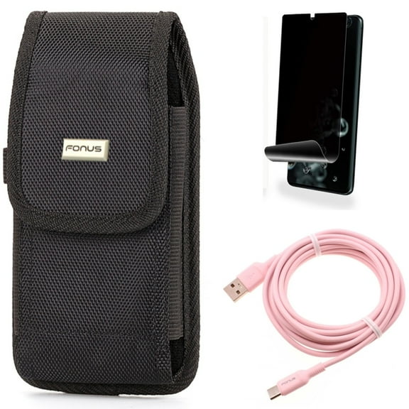 Case Belt Clip w 10ft Long USB-C Cable w Privacy Screen Protector for Samsung Galaxy S20 Ultra - Rugged Holster Canvas, Pink Charger Cord Power Wire, TPU Film [NOT GLASS] fits Galaxy S20 Ultra