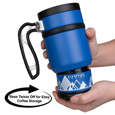 Double Shot 3.0 French Press Travel Coffee Mug, 16 oz - Br?-Stop Technology with Storage Base and Spill Proof Lid - Stainless Steel with Non-Slip Texture - Mountain Lake