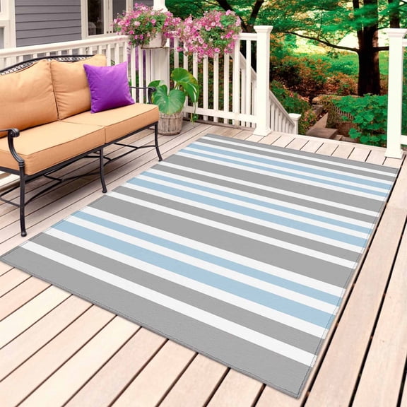 Blue Grey Stripes Outdoor Rug for Patio/Deck/Porch, Non-Slip Large Area Rug 3 x 5 Ft, Simple Striped Lines Minimalist Modern Indoor Outdoor Rugs Washable Area Rugs, Camping Rug Carpet Runner