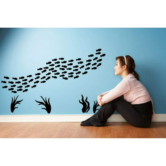 School of Fish Sea Ocean Underwater Water Animal Wall Sticker Decal for Girls Boys Kids Room Bedroom Nursery Kindergarten House Fun Home Decor Stickers Wall Art Vinyl Decoration Size (27x30 inch)