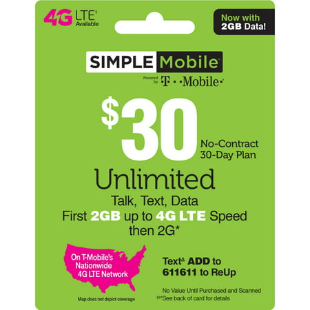 Simple Mobile $30 Unlimited Talk, Text and Data (First 2GB up to 4G LTE† then 2G*) 30-Day Plan (Email