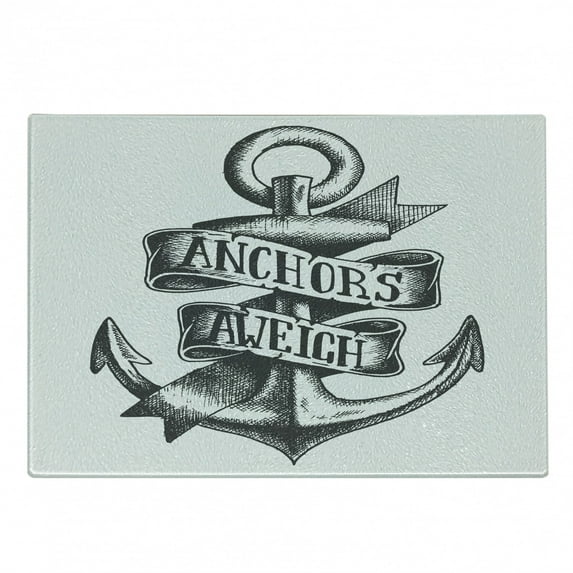 Anchor Cutting Board, Tattoo Style Navy Sketch with Ribbon and Vintage Lettering Insignia, Decorative Tempered Glass Cutting and Serving Board, Small Size, Charcoal Grey White, by Ambesonne