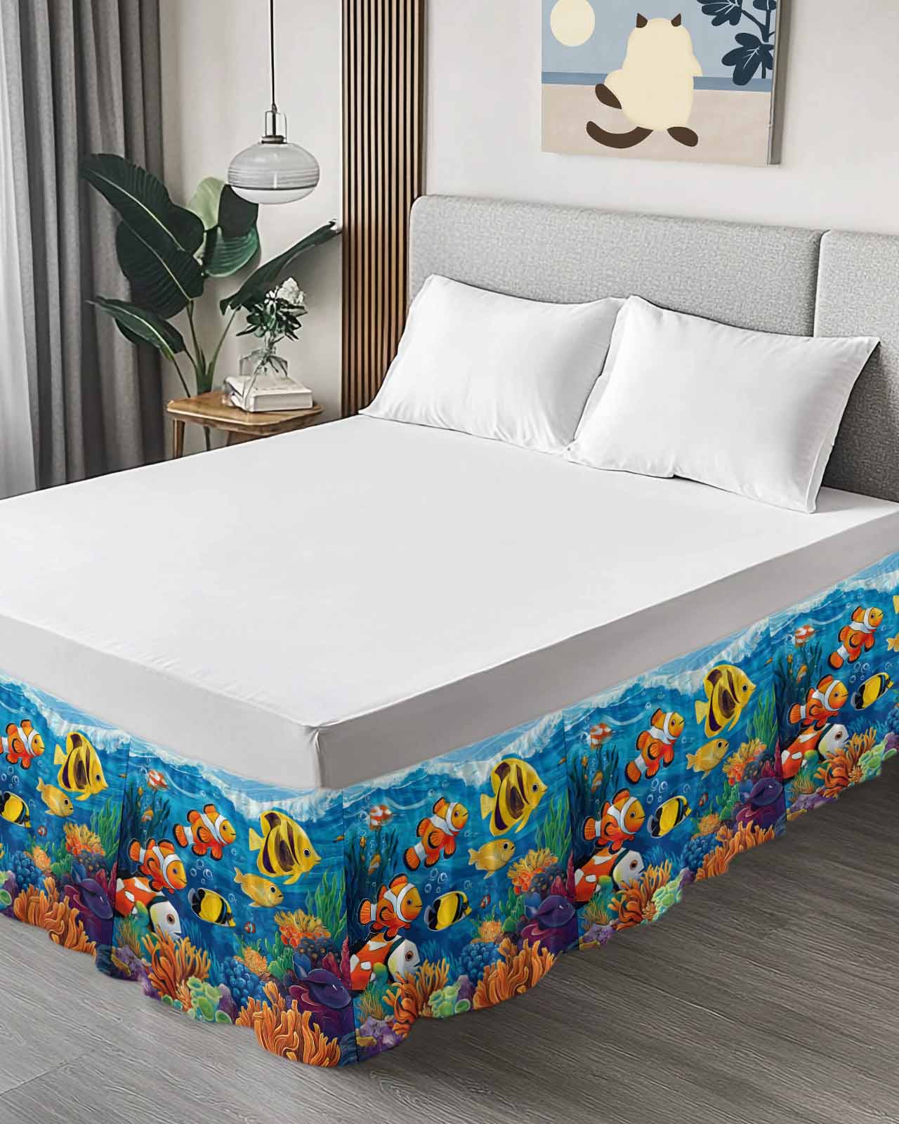 Ocean Tropical Ruffle Bed Skirt King Size Marine Life Colorful Fish Coral Seagrass Adjustable Elastic Dust Bed Skirts Wrap Around Bedskirt Wrinkle Free Easy Fit with 16 Inch Drop