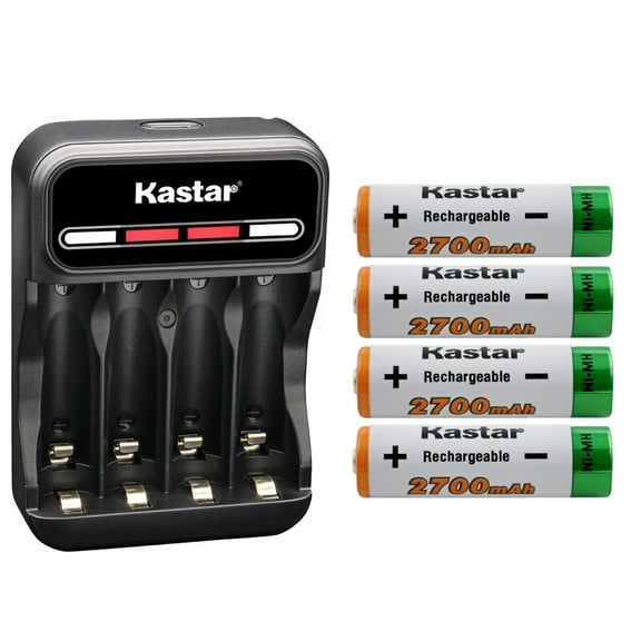 Kastar 4-Pack AA 1.2V 2700mAh Ni-MH Battery and CMH4 Smart USB Charger Compatible with Game Controller Calcultor Beauty Equipment Radio Electric Shaver Electronic Dictionary Portable Charger
