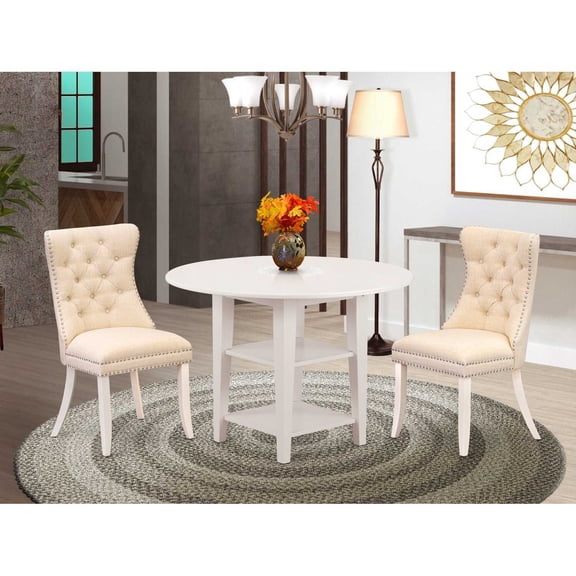 Retro 3 Piece Dining Set - Round Table with Dropleaf & 2 Linen Chairs