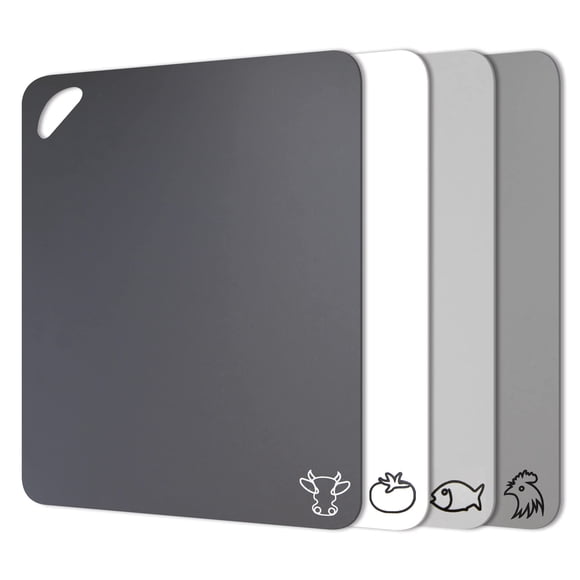 Fotouzy Tabla de cortar de plástico, alfombrillas flexibles con iconos de alimentos, juego de 4, mejora no porosa, sin BPA, parte trasera 100% antideslizante y apta para lavavajillas, colores neutros