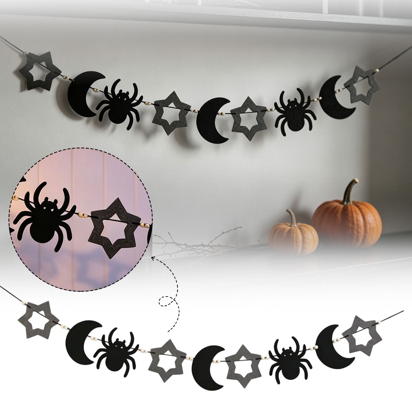 Halloween Hanging Banner Garland Moon Star Spider Cutout Non-Woven Fabric Party Wall Decoration Background Decor Home Indoor Haunted House Spooky
