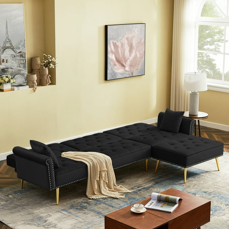 SYNGAR Modern Velvet Sectional Sofa Couch with Movable Ottoman Convertible Daybed with 3 Adjustable Positions Couches and Sofas L Shape Couch