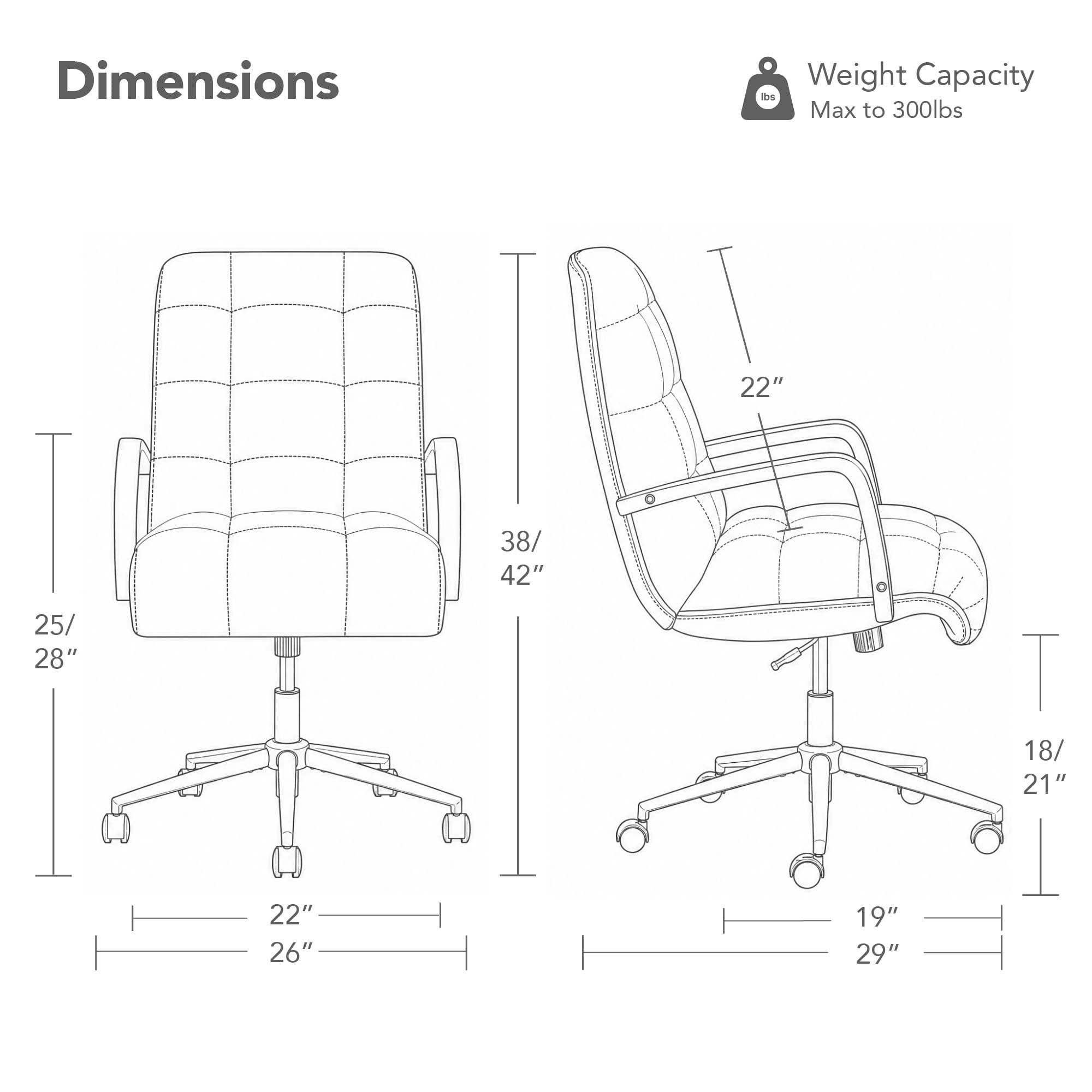 Spruce & Spring Mid-Century Modern Office Chair with Solid Wood Arms, Faux Leather Desk Chair with Adjustable Height & Tilt for Home Office, Brown