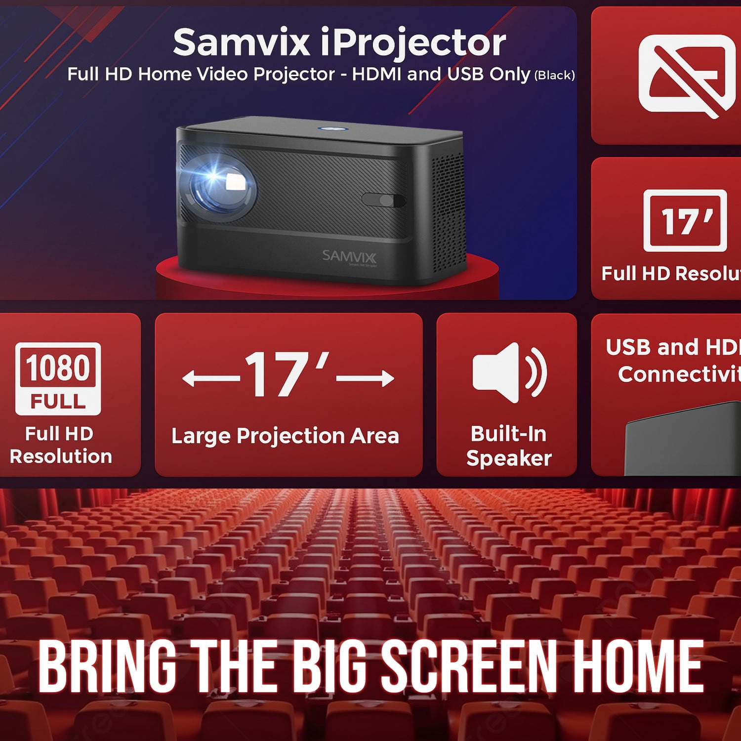 Samvix iProjector Full HD Home Video Projector - HDMI and USB Only (Black)