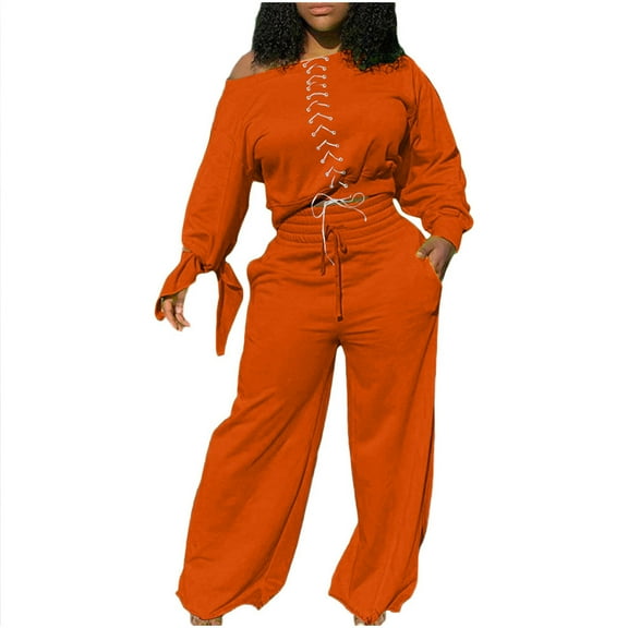 One Shoulder Long Sleeve Drawstring Crop Tops and Elastic High Waist Wide Leg Pants 2 Piece Fall Outfits Women Trendy Sweatsuits