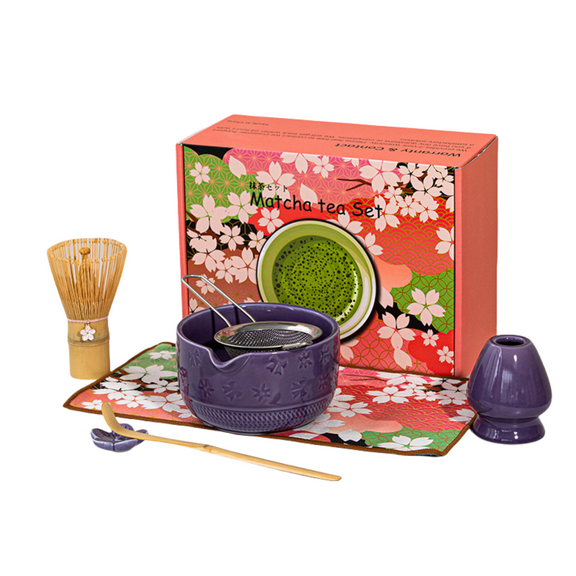 Matcha Whisk Set, Ceramic Matcha Set Includes Matcha Bowl, Matcha Whisk and Holder, Bamboo Scoop, Scoop Rest, Sifter and Tea Towel - 7 Pcs Matcha Kit for Matcha Lovers (Pink)