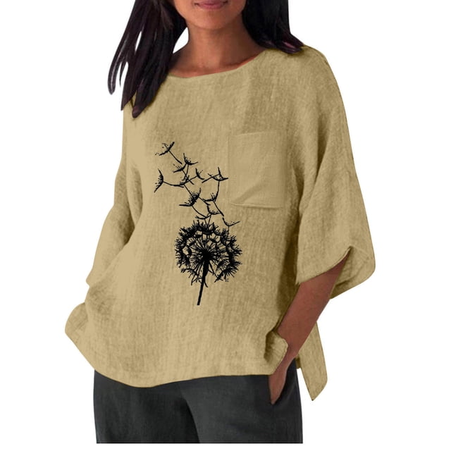 Hauts d'Été pour Femmes, Chemise Imitation Lin Manches 3/4 Col Rond T-Shirt Ample avec Poche Chemise Décontractée Légère et Pratique Haut d'Été, Hauts d'Été pour Femmes