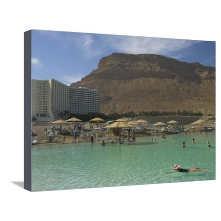 People Floating in the Sea and Hyatt Hotel and Desert Cliffs in Background, Dead Sea, Middle East Stretched Canvas Print Wall Art By Eitan (Best Hyatt Hotels In The World)