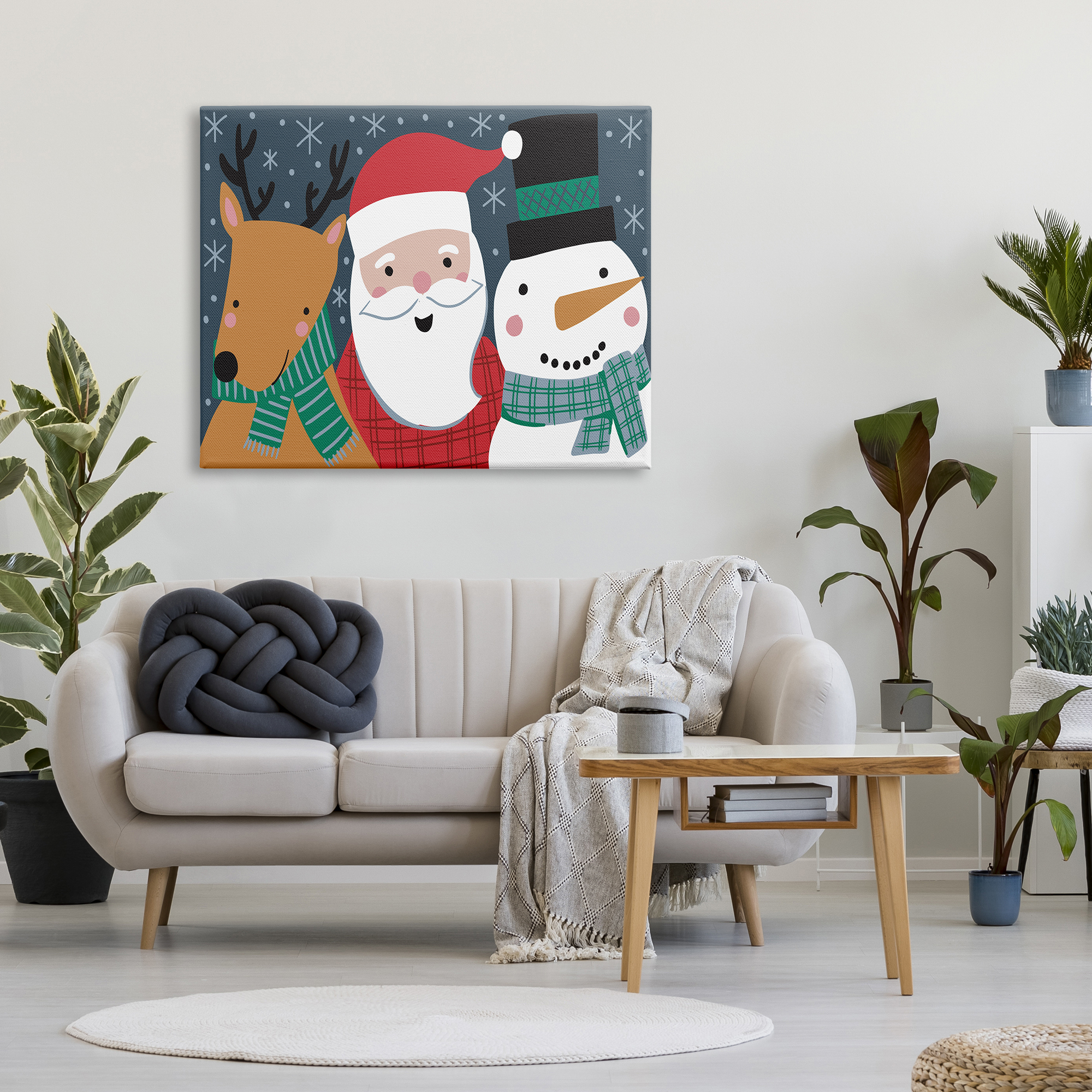 Stupell Industries Happy Christmas Trio Santa Reindeer Snowman Winter Holiday Painting Gallery Wrapped Canvas Print Wall Art, 36 x 48