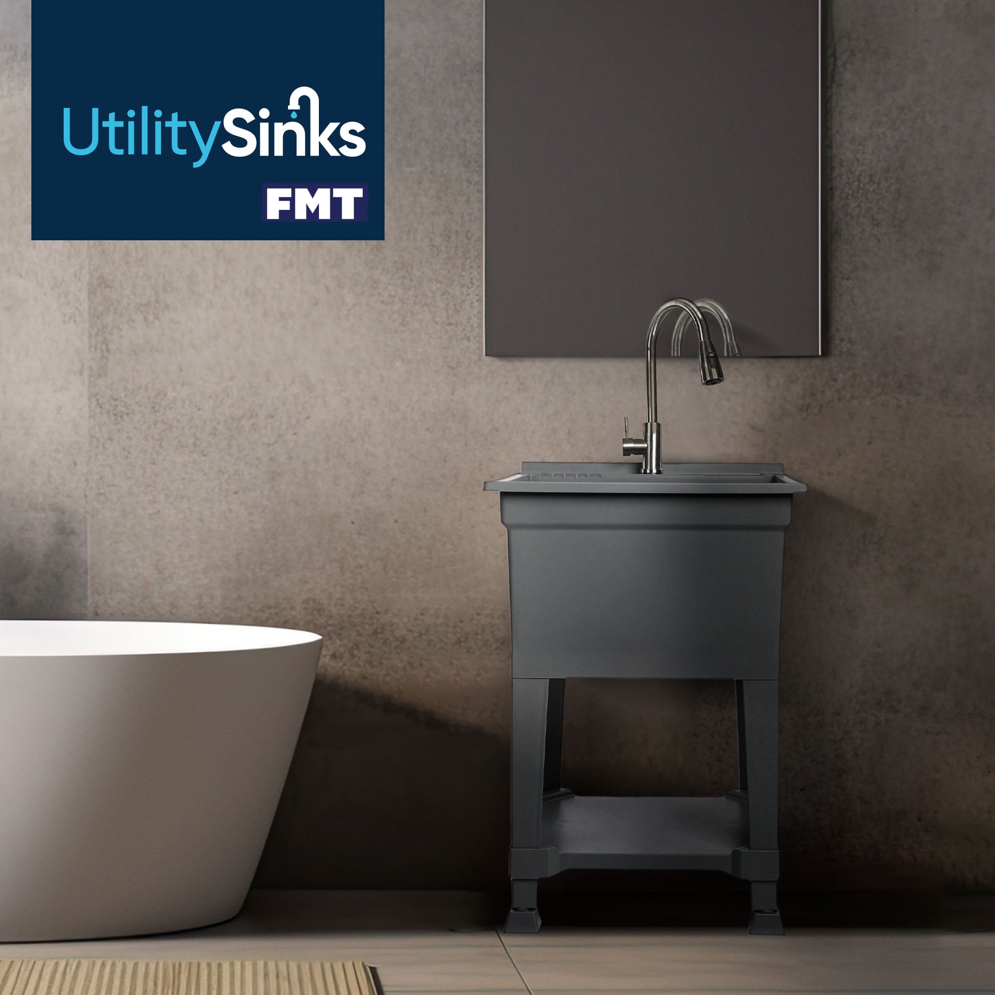 UTILITYSINKS Plastic 24" Freestanding Compact Workshop Utility Sink, Grey