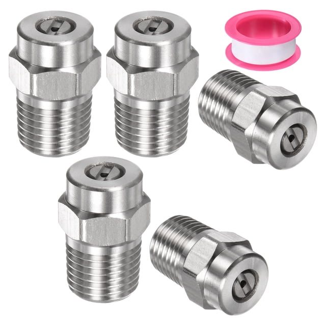 Uxcell 5 Paquete de Consejos de Limpieza de Superficie - 15 Grados 1/4" NPT Macho Boquillas de Lavadora a Presión, Acero Inoxidable con Cinta de Sellado (Orificio de 1.449 mm)