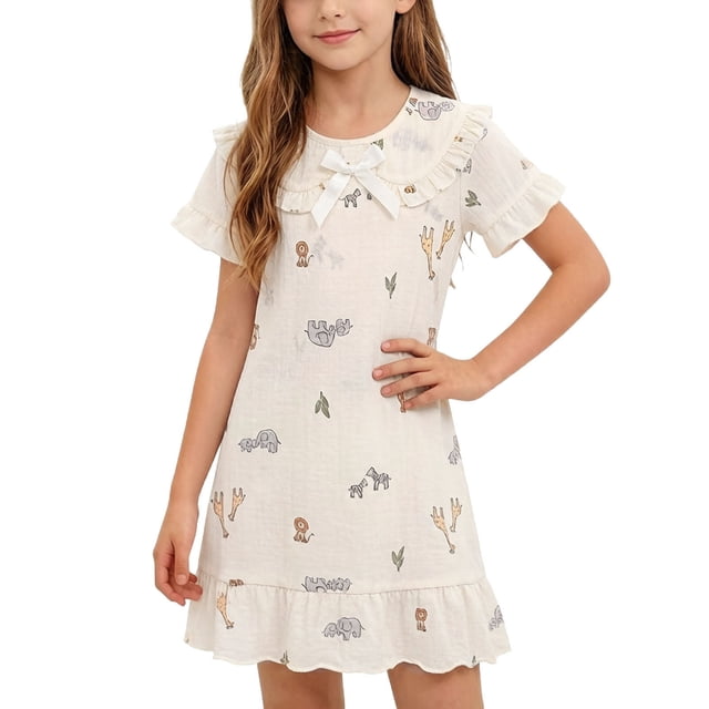 Robe de Nuit pour Filles, Manches Courtes, Col Rabattu, Imprimé d'Été, Tenue d'Intérieur, Chemise de Nuit pour Tout-Petit