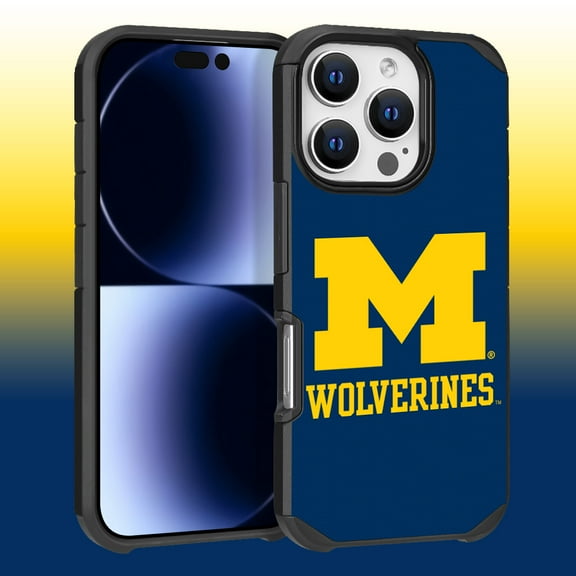 Apple iPhone 16 Pro (6.3) - Licensed NCAA University of Michigan Wolverines Logo on Dark Blue Textured Dual Layer Case