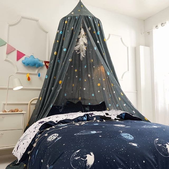 Modern Ins-Style Foldable Ceiling-Mounted Bed Canopy with Light Blocking & Windproof Design - Easy No-Drill Installation, Durable Polyester & Steel Wire Construction, Space Print Pattern, 65cm