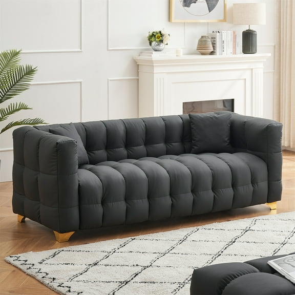 Aukfa 80" Modern Comfy Sofa, Deep Tufted Couch for Living Room, 2 Pillows, Leathaire, Black