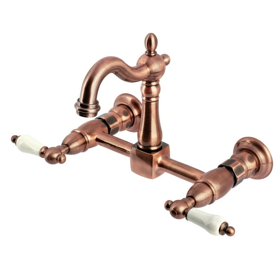 Kingston Brass KS244PLAC Heritage Double-Handle 2-Hole Wall-Mount Bridge Kitchen Faucet in Antique Copper
