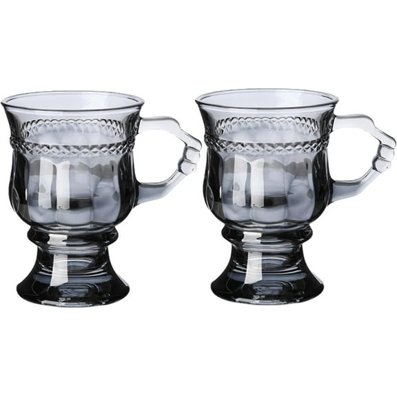 ABPETE 2pcs Vintage Irish Coffee Mugs, Crystal Clear Irish Coffee Glass with Handle, Footed Stem Base, Heat Resistant, Heavy Duty Cups for Hot Chocolate, Tea, Gray