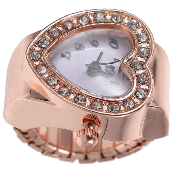 UPOUART Daily Use Finger Watch Ring in Rosy Heart Shape Fashion Glitter Design Elegant Accessory