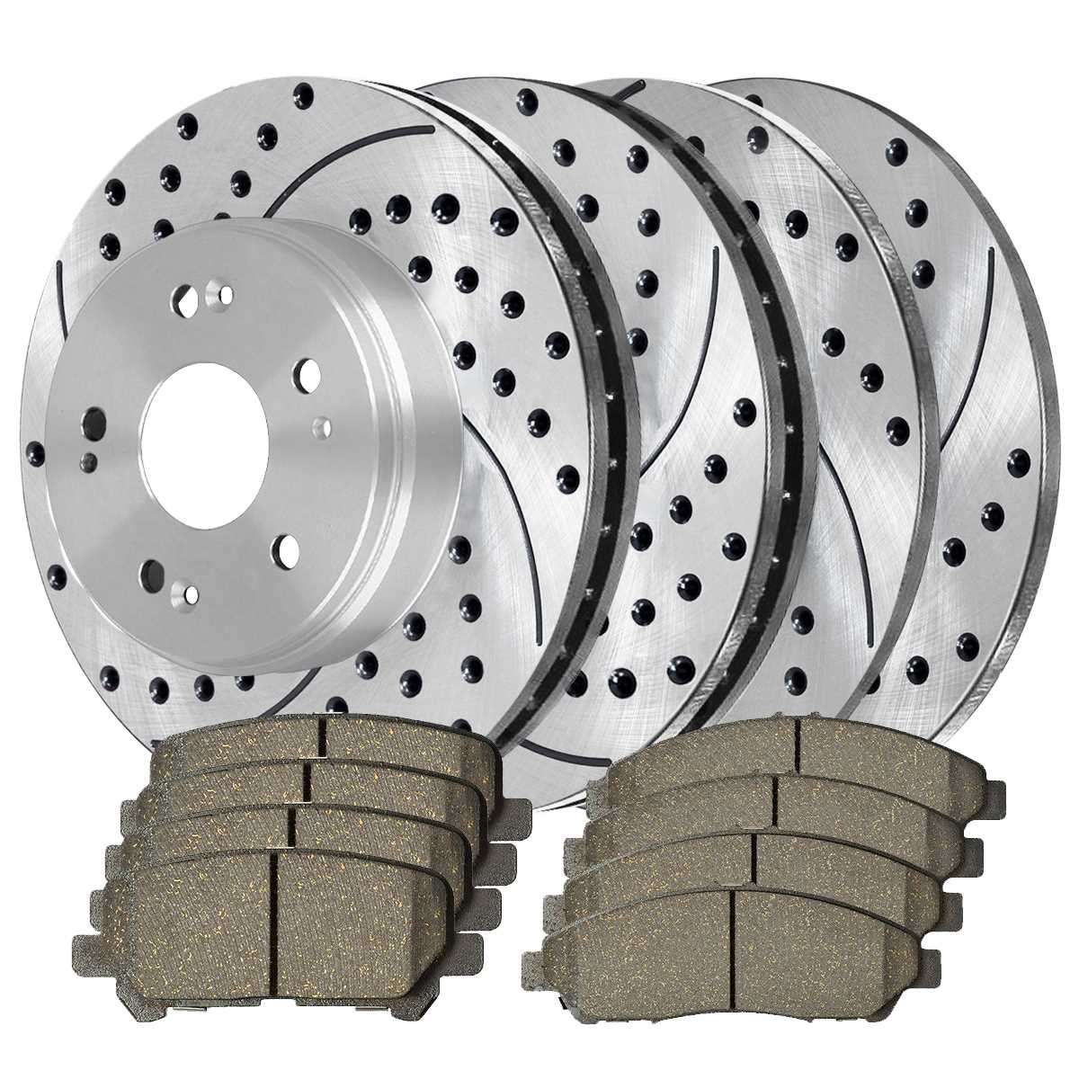 AutoShack Front and Rear Drilled Slotted Brake Rotors Silver and Ceramic  Pads Kit Replacement for 2009-2015 Honda Pilot 2007 2008 2009 2010 2011  2012