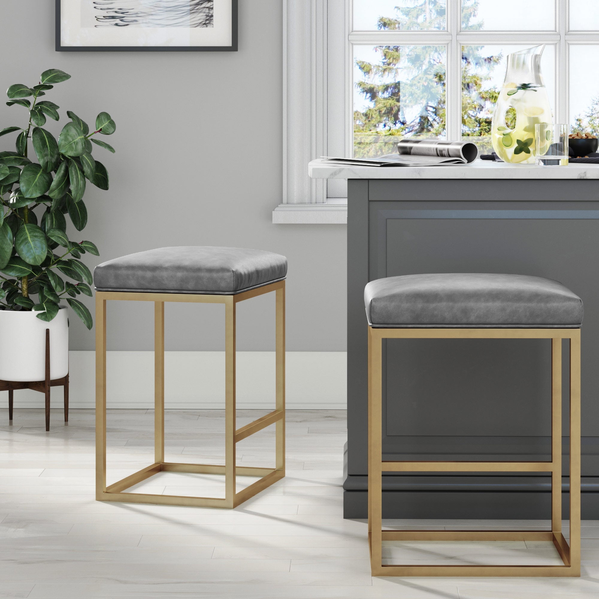 Nathan James Nelson Bar Stool with Leather Cushion and Metal Base, 24", Gray/Gold
