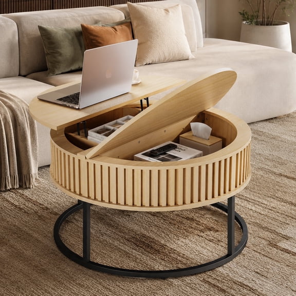 Round Coffee Table with Lift Top Fluted Wood Center Coffee Tables for Living Room, Lifting Up for Dining, Large Hidden Circle Storage Compartment for Small Spaces, Mid Century Modern